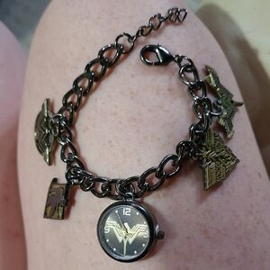 DC Comics Black and Gold Wonder Woman Charm Watch Bracelet